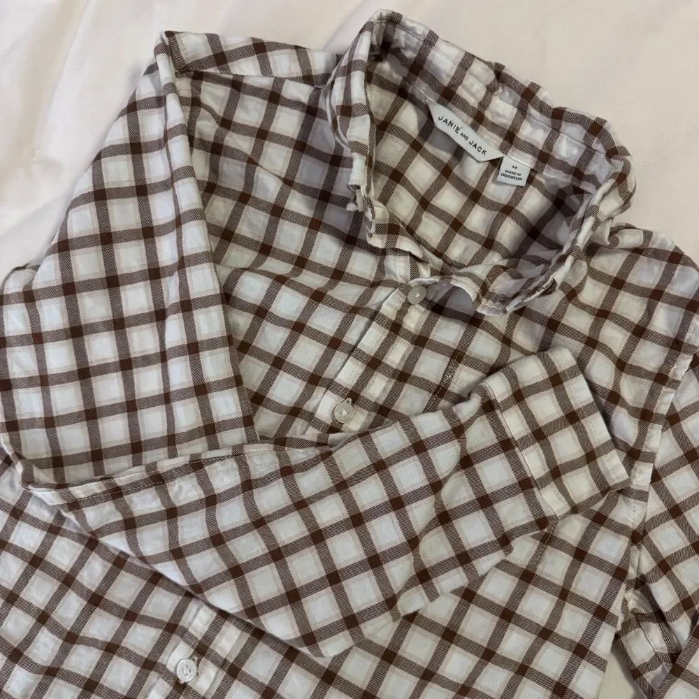 Boys Janie and Jack Brown/Cream Plaid Button Down LS Shirt Size 14 EUC Preppy
